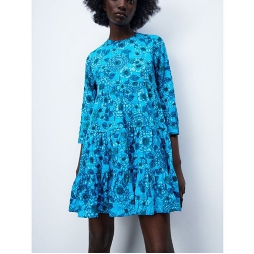 Zara Sharon blue floral mini dress tiered swing babydoll NEW without Tag size S